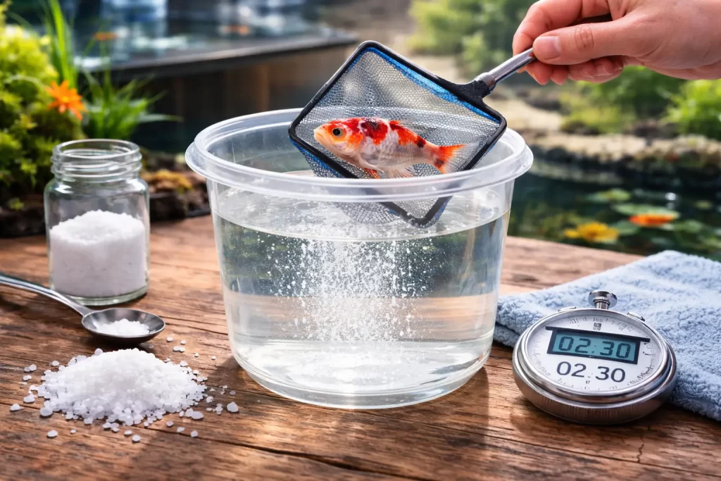 Goldfish treatment in saltwater bath